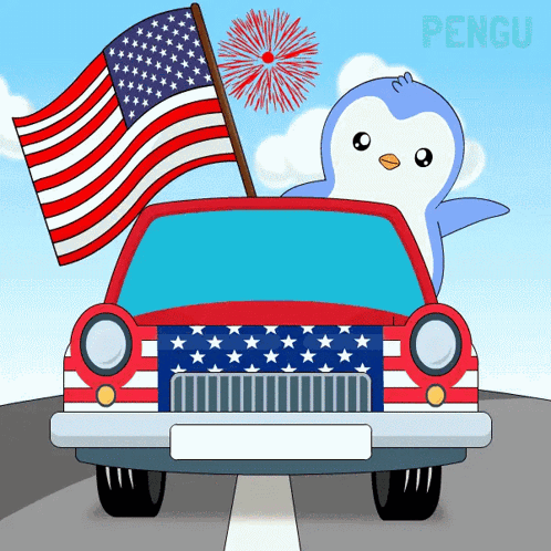 Penguin Driving Car With American Flag