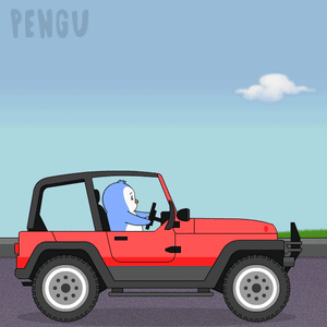 Penguin Driving Red Jeep Saying Pengu