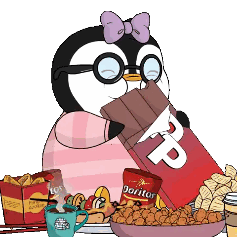 Penguin Eating Chocolate Next to Chips