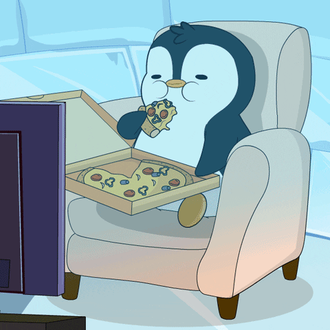 Penguin Enjoying Pizza Watching Tv GIF