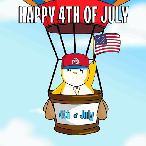 Penguin Flying in Hot Air Balloon Happy 4th of July