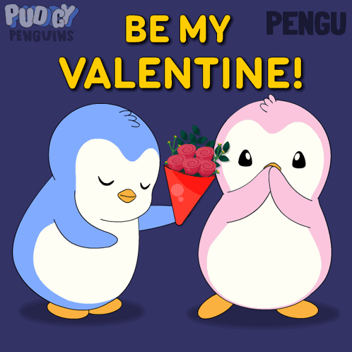Penguin Giving Roses Saying Be My Valentine
