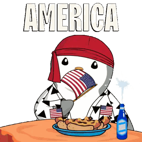 Penguin Holding American Flag And Hot Dogs