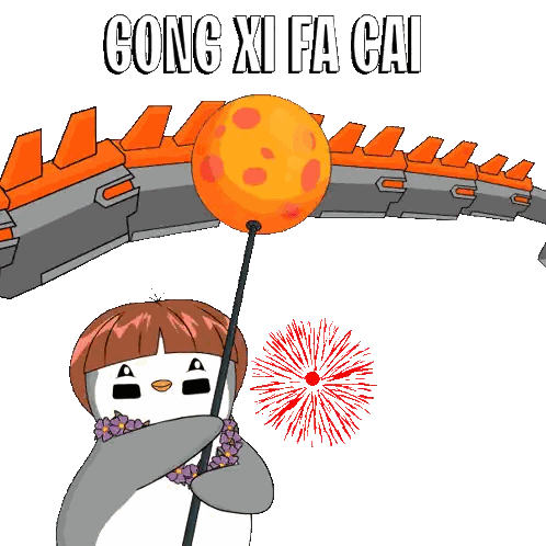 Penguin Holding Balloon in Front of Dragon Says Gong Xi Fa Cai