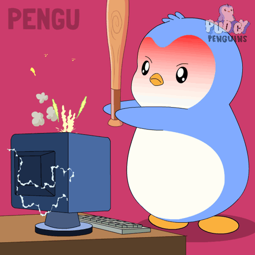 Penguin Holding Bat in Front of Computer Screen With Word Pengu