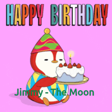 Penguin Holding Birthday Cake for Jimmy the Moon