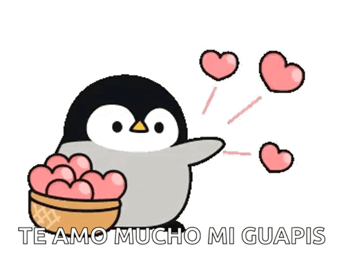 Penguin Holding Bowl Of Pink Hearts Saying Te Amo Mucho Mi Guapis GIF