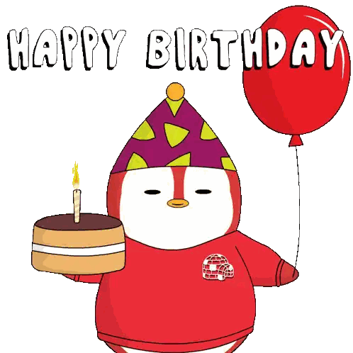 Penguin Holding Cake and Balloon Happy Birthday