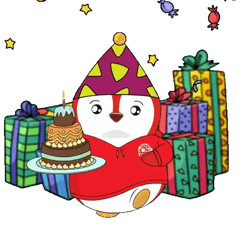 Penguin Holding Cake in Party Hat
