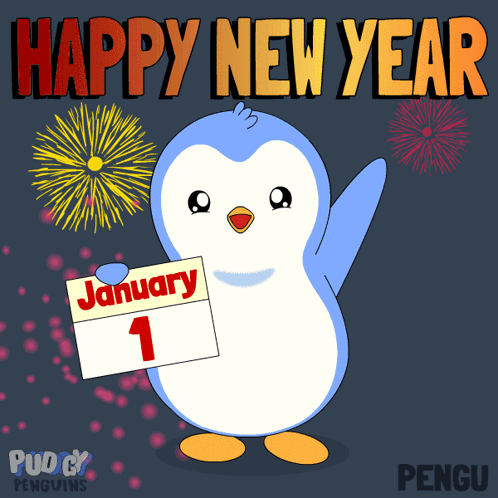 Penguin Holding Calendar Saying January 1