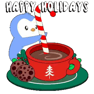Penguin Holding Candy Cane Over Hot Chocolate
