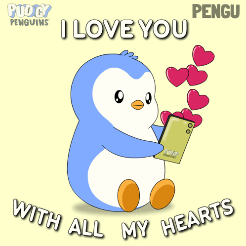 Penguin Holding Cell Phone With Hearts Saying I Love You With All My Hearts GIF