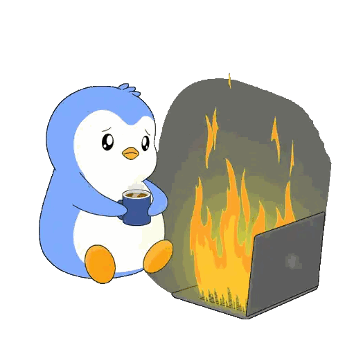 Penguin Holding Coffee Next to Burning Laptop