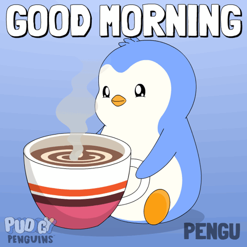 Penguin Holding Coffee Saying Good Morning