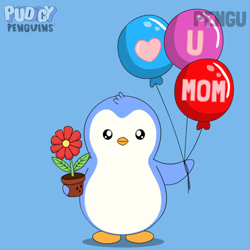 Penguin Holding Flower and Balloons Mom