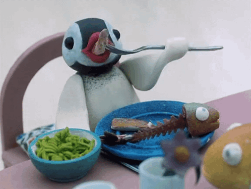 Penguin Holding Fork and Eating Meat