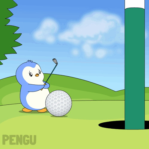 Penguin Holding Golf Club Next To Golf Ball GIF