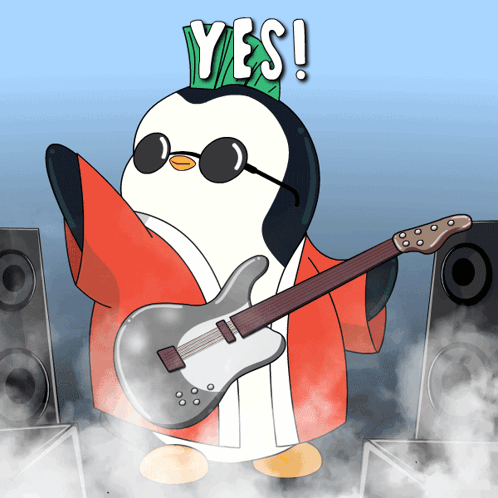 Penguin Holding Guitar with Sunglasses and Crown Saying Yes