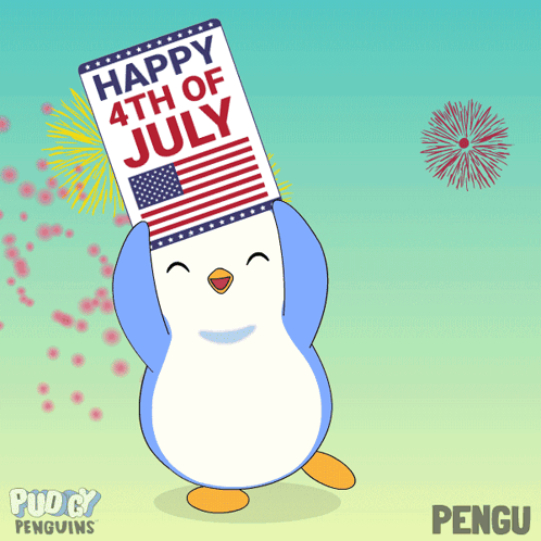 Penguin Holding Happy 4th of July Sign