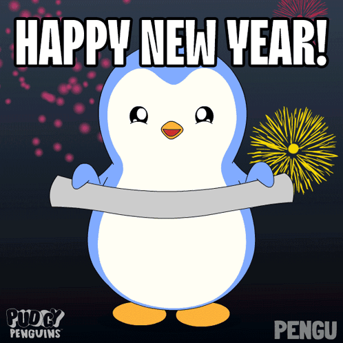 Penguin Holding Happy New Year Sign