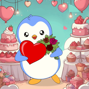 Penguin Holding Heart and Flowers With Cakes and Cupcakes