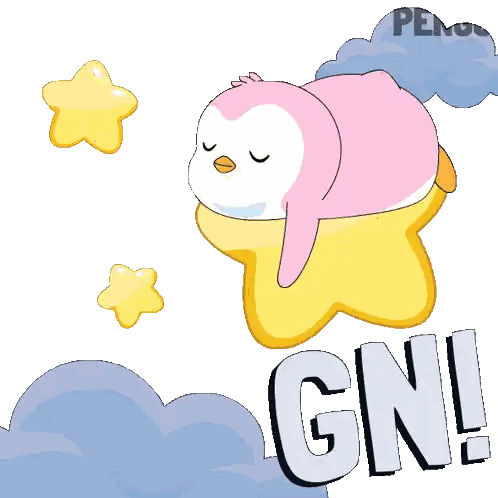 Penguin Holding Heart Balloon and Laying on Star