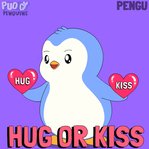 Penguin Holding Heart Saying Hug and Kiss