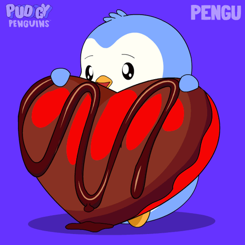 Penguin Holding Heart-Shaped Chocolate Cake With Name Pengu