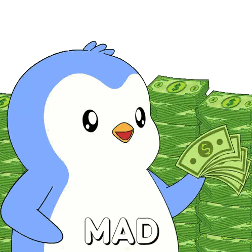 Penguin Holding Money in Front of Stacks