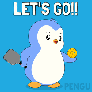 Penguin Holding Paddle and Ball Saying Let's Go