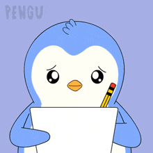 Penguin Holding Pencil and I Miss You Sign