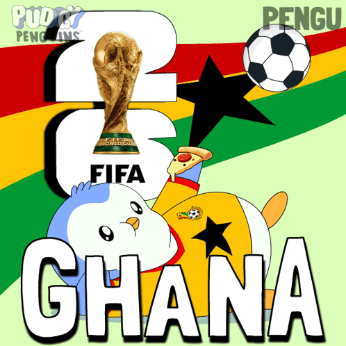 Penguin Holding Pizza and Soccer Ball With Word Ghana