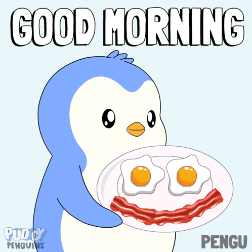 Penguin Holding Plate of Eggs and Bacon Good Morning