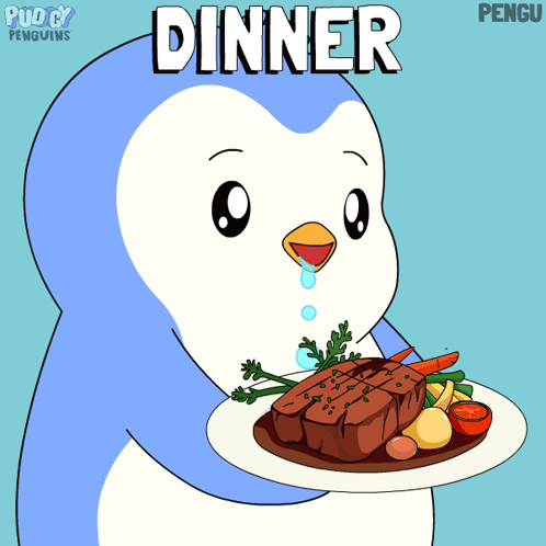 Penguin Holding Plate With Dinner GIF