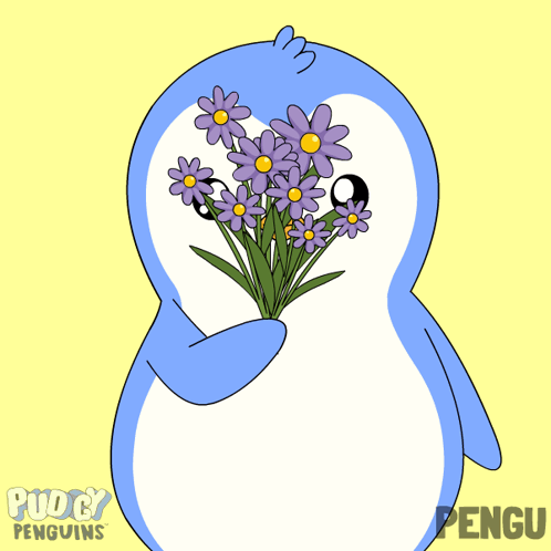 Penguin Holding Purple Flowers Puddy Penguins GIF