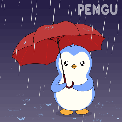 Penguin Holding Red Umbrella in Rain with Word Pengu