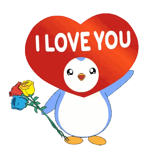 Penguin Holding Roses and I Love You Heart