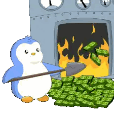 Penguin Holding Shovel in Front of Burning Money