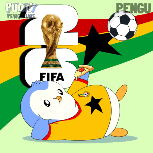 Penguin Holding Soccer Ball and FIFA Trophy