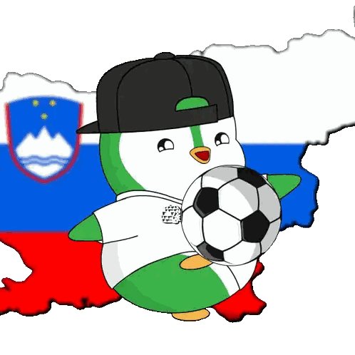 Penguin Holding Soccer Ball and Slovenian Flag