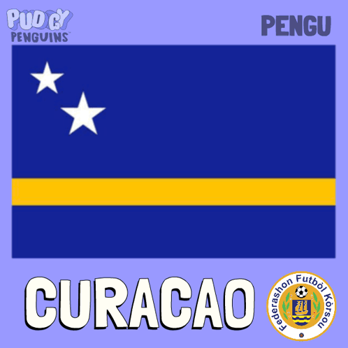 Penguin Holding Soccer Ball in Front of Blue and Yellow Flag
