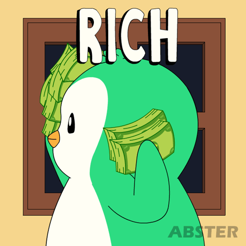 Penguin Holding Stack Of Money Saying Rich GIF