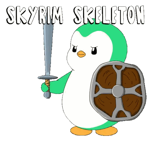 Penguin Holding Sword and Shield Skyrim Skeleton