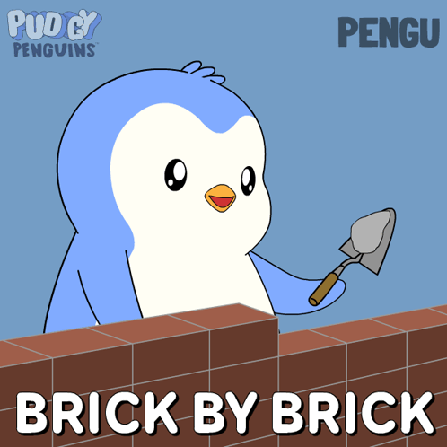 Penguin Holding Trowel Over Brick Wall Brick by Brick