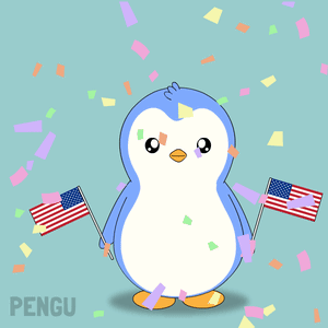Penguin Holding Two American Flags With Confetti And Pengu
