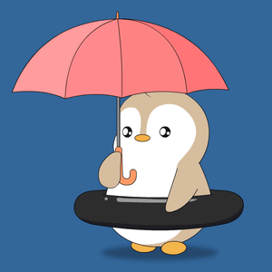 Penguin Holding Umbrella and Tire in Rain