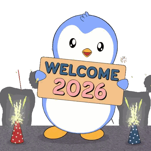 Penguin Holding Welcome Sign for 2026