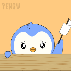 Penguin Holding White Flag Over Ledge
