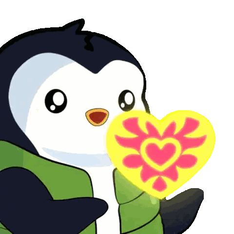 Penguin Holding Yellow and Pink Hearts