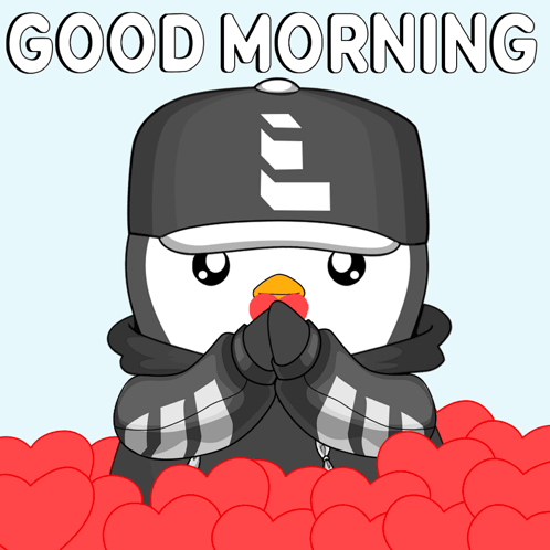 Penguin in Baseball Cap With Letter L Saying Good Morning Surrounded by Red Hearts